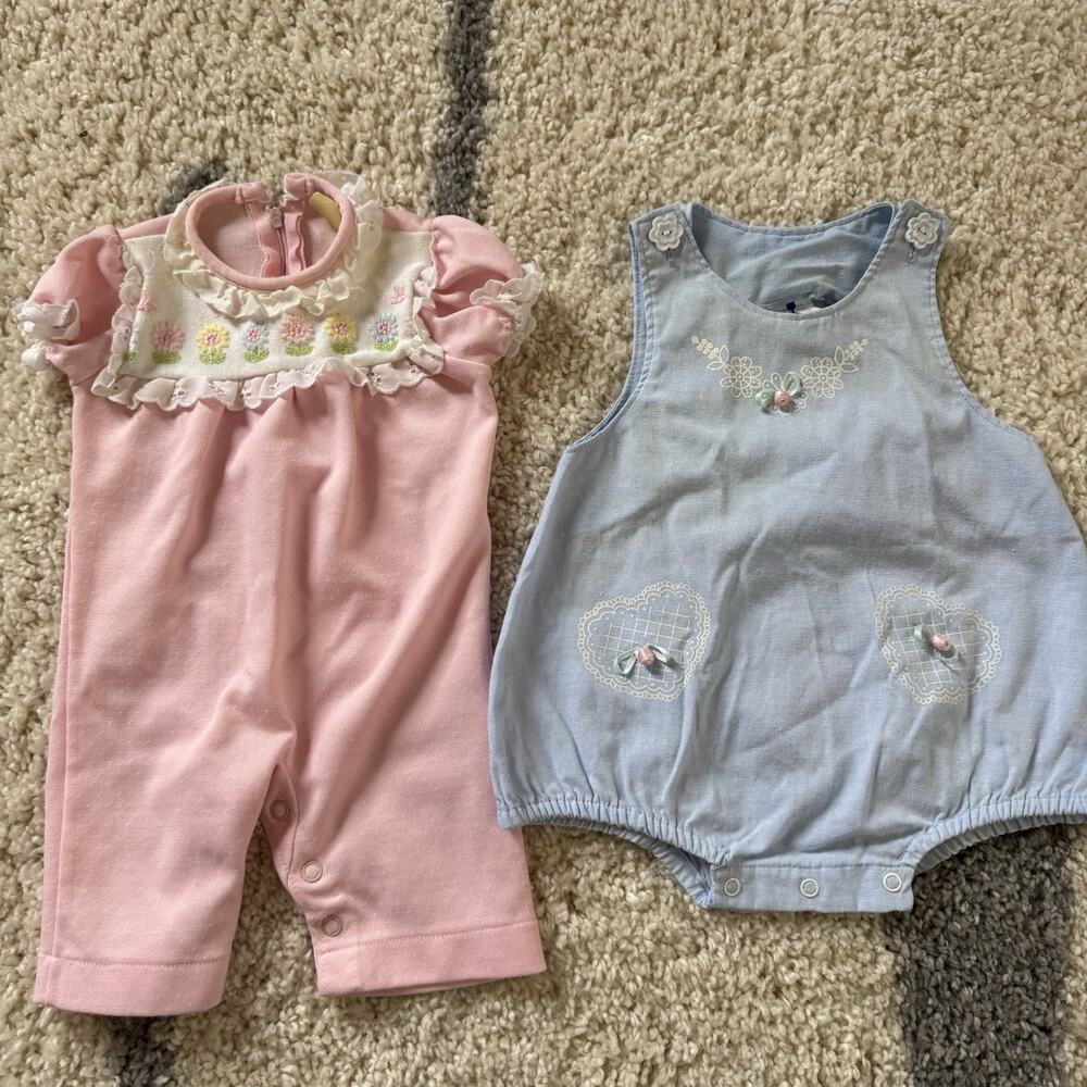 Vtg 80s 90s Baby Girl Frilly Lot Sz 3-6 Months Bubble Romper Pink Blue Flowers